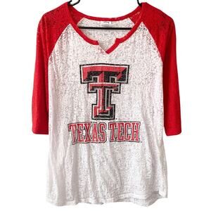 TEXAS TECH Graphic Three Quarter Shirt Size XL White Red Split Neck Lightweight